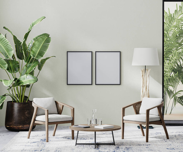 poster frames in room interior with light neutral wall with sunlight and wooden furniture with tropical plant and palm leaves, 3d rendering - Foto, afbeelding