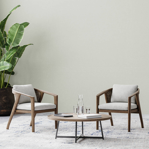 Zimmer mit zwei Stühlen und Couchtisch auf Teppich, tropische Pflanze im Topf, leere Wand, 3D-Rendering - Foto, Bild