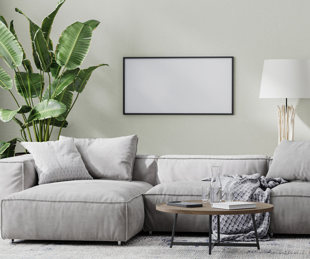 üres vízszintes képkeret a modern szobában szürke kanapéval és dohányzóasztallal és trópusi növényekkel, 3D-s renderelés - Fotó, kép