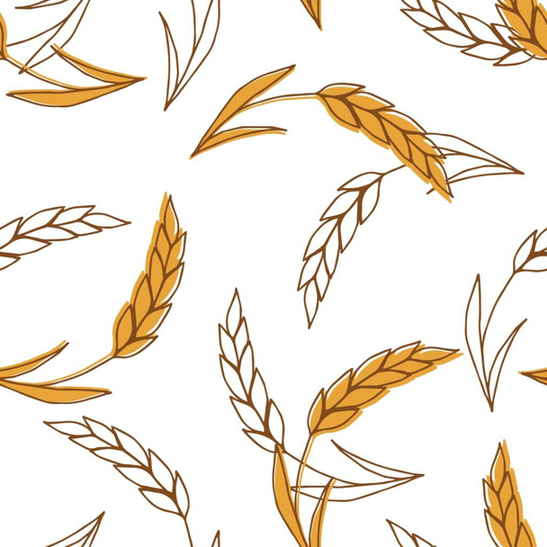Простий векторний безшовний візерунок. Золоті, коричневі вуха пшениці на білому тлі. Для друку текстильних виробів, упаковки, етикеток. Зернові, борошно, хліб, випічка
. - Вектор, зображення