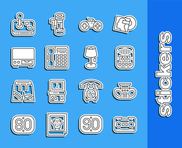 Set line Retro audio cassette tape, Home stereo with two speakers, Cassette player, Gamepad, Telephone handset, Old video, Joystick and Floor lamp icon. Vector - Vector, Image
