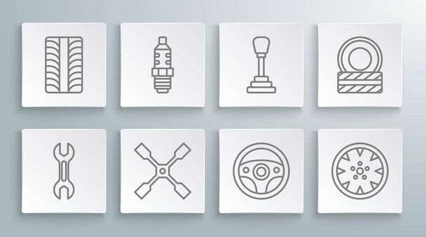 Serie chiave inglese, candela per auto, chiave per ruote, volante, lega, cambio marcia, pneumatico e icona. Vettore - Vettoriali, immagini
