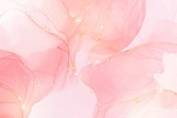 金色の点でピンクの液体水彩の背景をバラ。ほこりっぽい赤面大理石アルコールインクの描画効果。結婚式の招待状、メニュー、 rsvpのベクトルイラストデザインテンプレート - ベクター画像