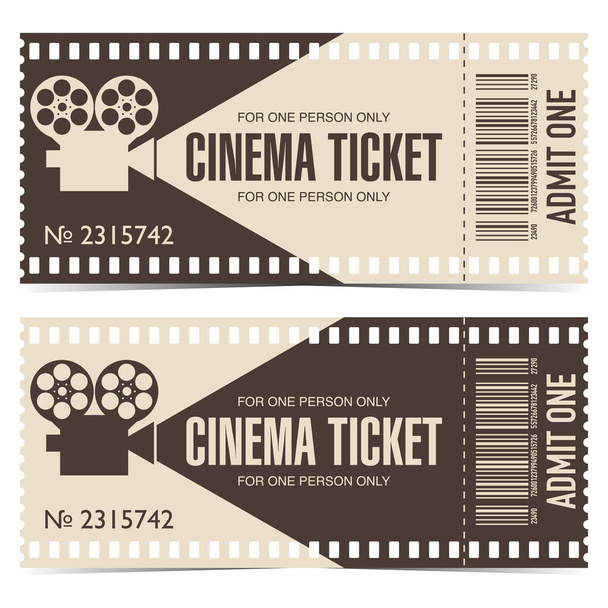 Abreißen der Kinokarte in Form eines Filmstreifens. Beige braun abnehmbare Kinokarte oder Filmkarte mit Barcode und Kinoprojektor oder Retro-Filmkamera mit Filmspule. - Vektor, Bild