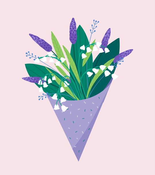 Sinulle Vektori kimppu liljat laaksossa, sininen ja violetti kukkia eristetty vaaleanpunainen tausta. 8. maaliskuuta Ystävänpäivä - Vektori, kuva