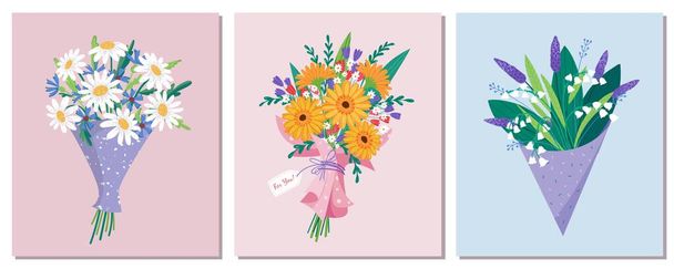 Set of Vector bouquet hand holding chamomile, gerbera, lilies of the valley of red, orange, yellow, blue and purple flowers isolated on a pink background. March 8 Valentines Day - ベクター画像