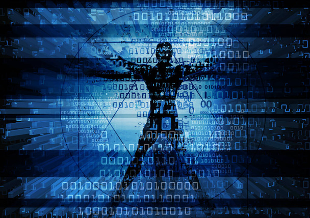 Torso van een vitroviaanse man met binaire codes.Futuristische expressieve blauwe achtergrond met Vitruviaanse man en vernietigde computergegevens. - Foto, afbeelding