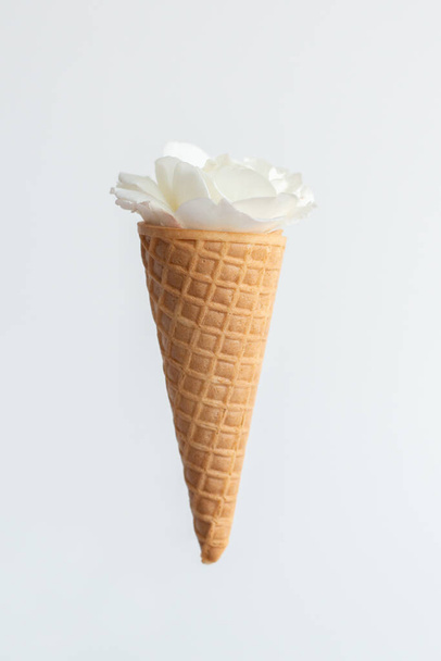 cone de waffle de sorvete com flor de rosa branca fresca, isolado. Dieta e pensamento fora do conceito de design de caixa - Foto, Imagem