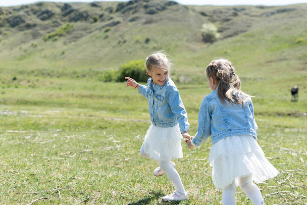 Two little twin sisters run and spin in the meadow - Fotografie, Obrázek