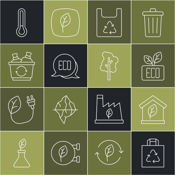 Set line Shopping bag with recycle, Eco friendly house, Leaf symbol, Recycle bin, Thermometer and Tree icon. Vector - Vector, Image