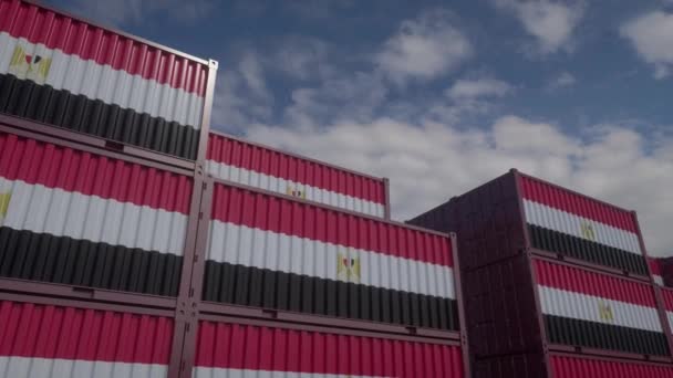 Egypt flag containers are located at the container terminal. Egypt export or import concept, 4K - Footage, Video