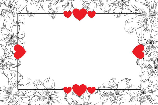 Frame with decorative vector lilies, flowers line drawing, flowers in a frame, frame with hearts - Vector, Image