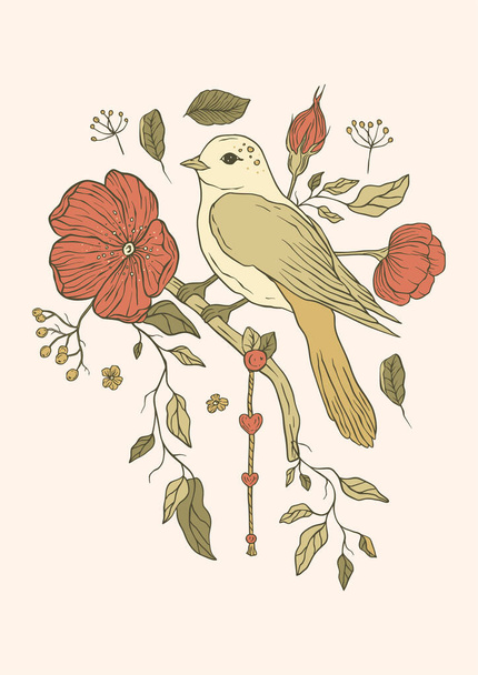 Εσοδεία πουλί και λουλούδια εκτυπώσιμη αφίσα - Διάνυσμα, εικόνα