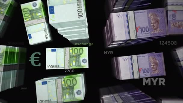 Euro ve Malezya Ringgit para değişimi. Kağıt banknotlar tomar tomar. Ticaret, ekonomi, rekabet, kriz, bankacılık ve finans kavramı. Döngüsüz 3D canlandırma notaları. - Video, Çekim