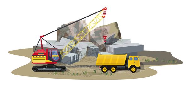 Detailed illustration with granite stone mining. Heavy industrial machinery. - Vector, Image
