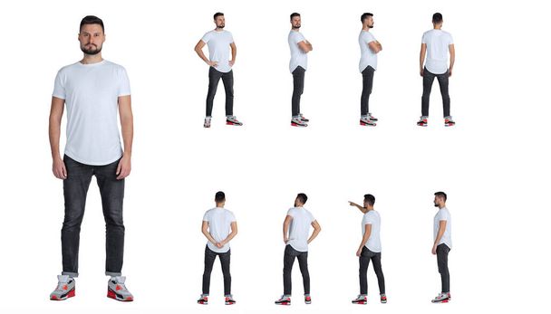 Collage of full-length portraits of man standing in a line, posing isolated over white studio background - Fotoğraf, Görsel