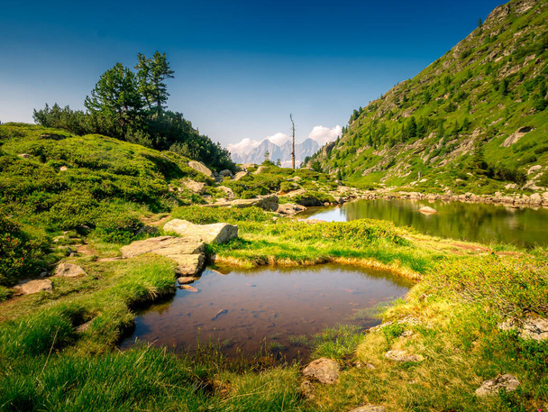 Scenic vuoristo maisema vuori järvi, vuoren huiput, kivet, puut, sininen taivas. Sininen. Schladminger tauern, Alpit, Itävalta. - Valokuva, kuva