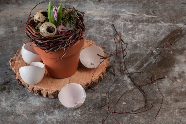  Kodin sisustus pääsiäisen sisustus luonnolliseen tyyliin. Kukkia munankuoressa. Nolla jätettä käsite ja käsintehty itse sisustus. Laadukas kuva - Valokuva, kuva