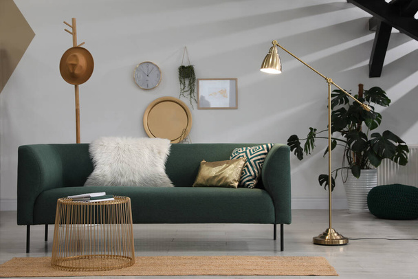 Living room interior with floor lamp and stylish furniture - Zdjęcie, obraz
