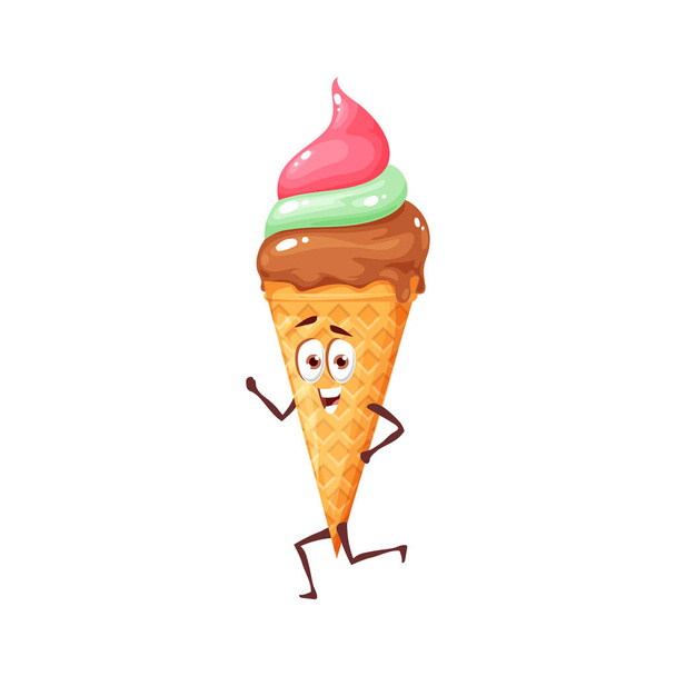 Gelato panna montata in cono waffle isolato personaggio cartone animato divertente. emoticon merenda estiva vettoriale, gelato gelato vortice in cialda, dolce rinfrescante freddo. Gelato gelato emoji kawaii con viso felice - Vettoriali, immagini
