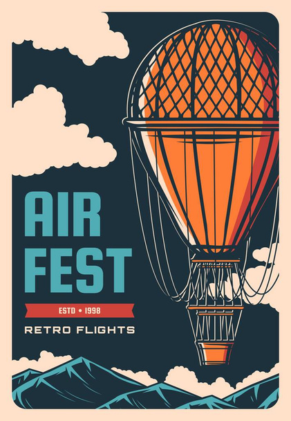 Hot air balloonflies over mountains on air fest. Airship aviation and hot air balloon flight tours vector retro poster, vintage aircraft zeppelin show or aerostat avia flights travel - Vector, Image