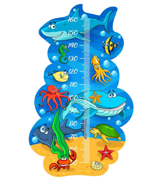 Діти графік зростання, мультиплікаційний вимірювач росту морських тварин. Векторні вимірювання масштабу лінійки милий кит, риби і восьминіг, черепаха, кальмар і краб або раковина з морською зіркою. Вимірювання висоти настінних наклейок
 - Вектор, зображення