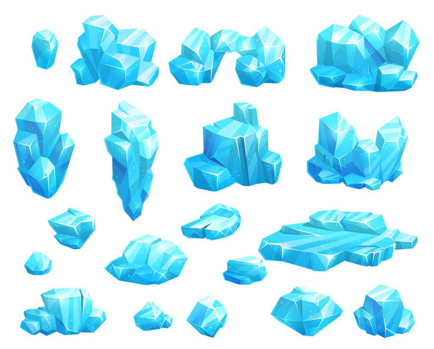 Desenhos animados congelados cristais de gelo e icicles, blocos e icebergs, pedras mágicas jogo ativo. Vetor azul gelo floes, sal mineral ou estalagmites caverna. Boné snowdrifts elementos de inverno, conjunto de vidro de cristal de gelo - Vetor, Imagem
