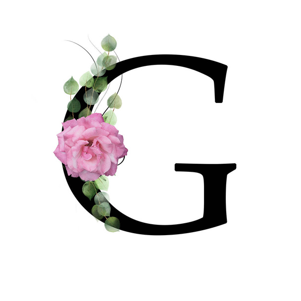 花のモノグラム、手紙G -ピンクのバラと水彩の葉で飾られた - 写真・画像
