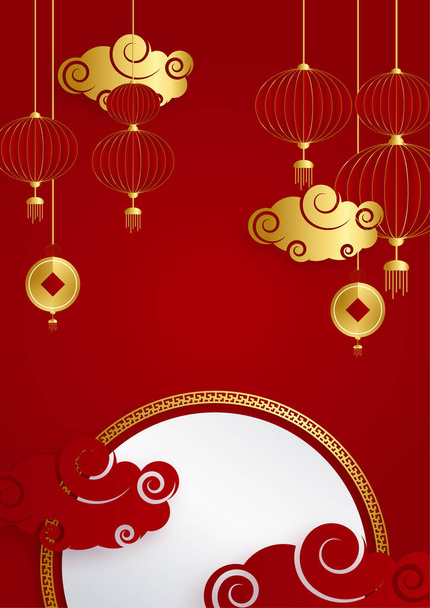 Red and gold papercut chinese background template. Chinese china universal red and gold background with lantern, flower, tree, symbol, and pattern. - Vector, Image