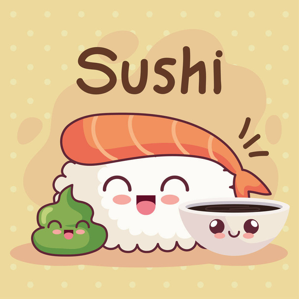 sushi kawaii és kávé - Vektor, kép
