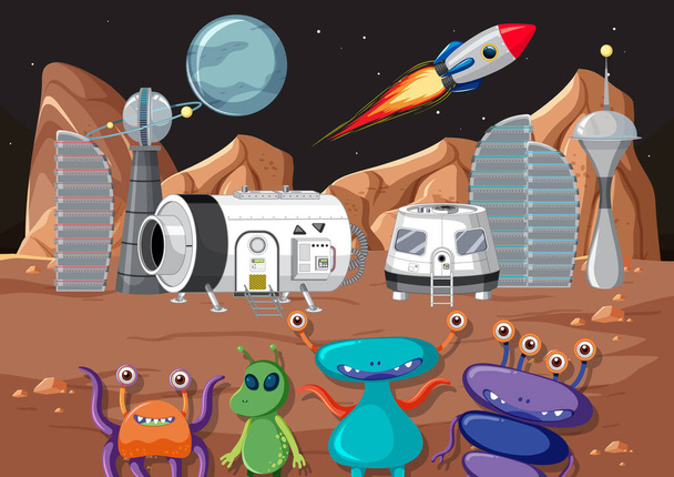 Esterno pianeta spaziale con gli alieni in stile cartone animato illustrazione - Vettoriali, immagini