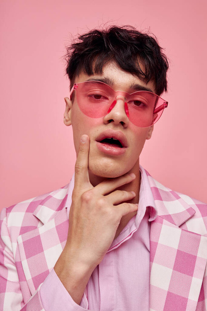pretty man pink plaid blazer fashion modern style pink background unaltered - Foto, imagen