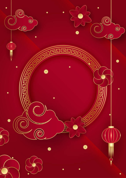 Red and gold happy chinese new year festival banner background design. Chinese china red and gold background with lantern, flower, tree, symbol, and pattern. Red and gold papercut chinese template - Vector, Image
