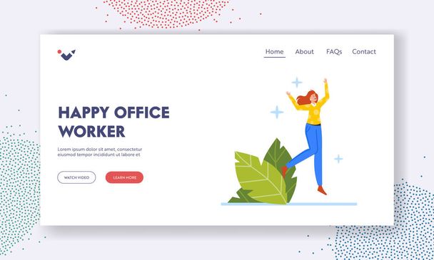 Happy Office Worker Landing Page Template. Happiness, Win and Motivational Concept. Joyful Woman Jumping, Character Jump - Vector, Image