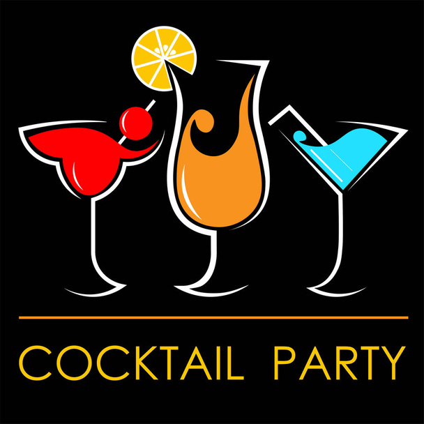 abstraktes Cocktail-Logo mit drei verschiedenen Gläsern auf dunklem Hintergrund - Vektor, Bild