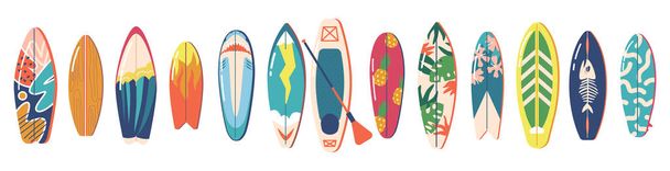 Set de tablas de surf con diferentes diseños de patrones brillantes e inusuales. Varios escritorios de surf, Surfing Boards Collection - Vector, imagen