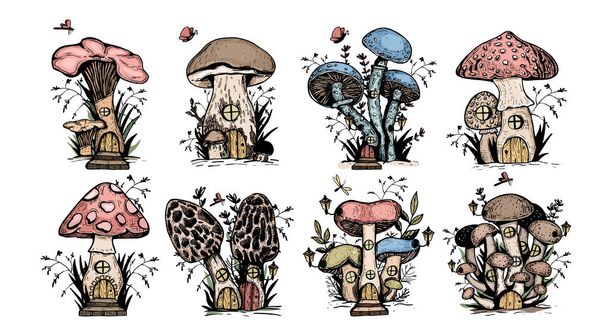рисование вектора грибного домика. фантастические грибы с окнами и дверями. вектор окраски детей. окраска. вектор. eps - Вектор,изображение