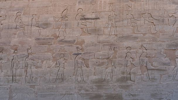 Un fragmento de la pared de un antiguo templo egipcio. Las tallas de dioses y jeroglíficos son visibles. Primer plano. Pantalla completa. Edfu. Templo de Horus - Foto, Imagen