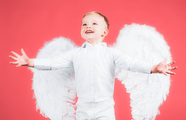 Child with angel wings isolated on red. - Foto, Imagem
