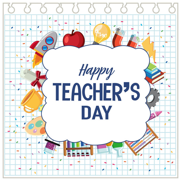 Cartaz do Dia do Professor Feliz com ilustração de objetos escolares - Vetor, Imagem
