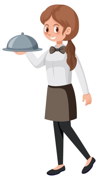 Una joven camarera sirviendo comida fondo blanco ilustración - Vector, Imagen