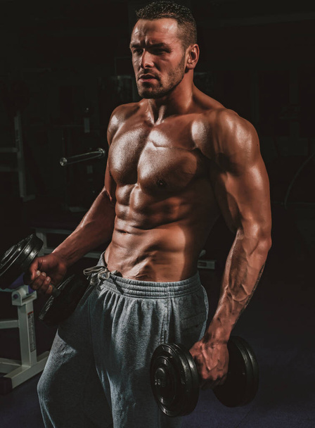 Dumbbells. Sportsman in gym. Sporty exercises. Male torso with six packs. Man naked body. - Fotografie, Obrázek