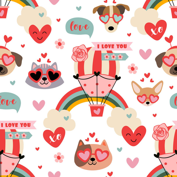 valentine seamless pattern with  cute dog, cats,rainbow, hot air balloon - Vecteur, image