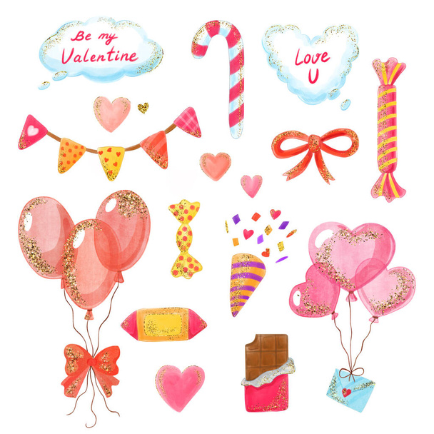 Set of watercolor balloons, hearts, flag, bow, clapperboard, flapper, text balloon, sweets, candy for decoration wedding, birthday, valentine day. Hand drawn clipart for print,  stickers. - Photo, Image