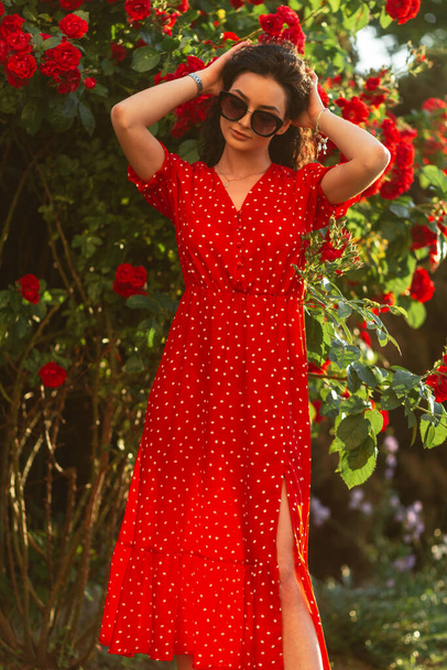 Stílusos elegáns, gyönyörű nő napszemüveggel és ezüst ékszer karkötő divat polka pont ruha áll közel kerti rózsák a természetben - Fotó, kép