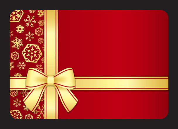 Tarjeta de regalo roja con copos de nieve dorados y cinta
 - Vector, Imagen