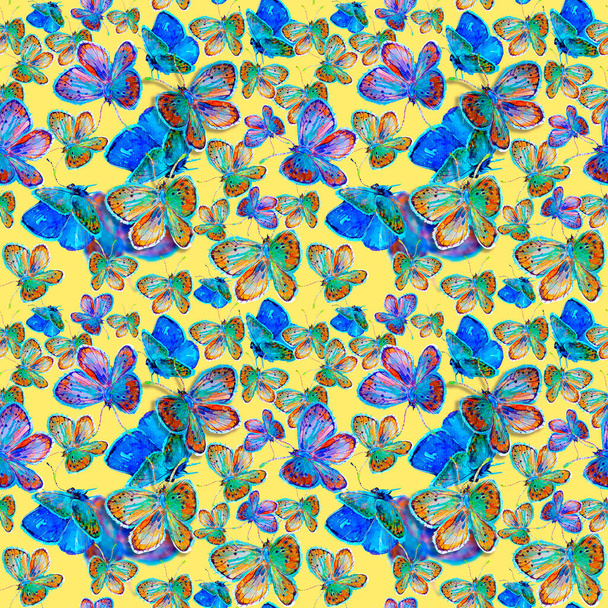 Seamless texture with butterflies. A repeating watercolor drawing of moths.A lot of flying insects. Colorful wings. Summer and spring.Scrapbooking paper. Printing on fabric. - Fotoğraf, Görsel