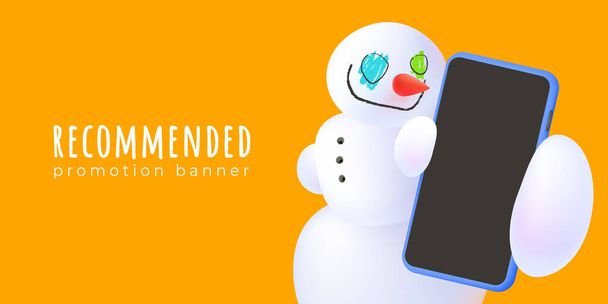 推薦、青い電話、ホラーキャラクターとニンジンと広告バナー。黒の空白の画面で大きなスマートフォンを保持し、クローズアップを示す塗装目を持つ3D雪だるまを笑顔。ベクトル - ベクター画像