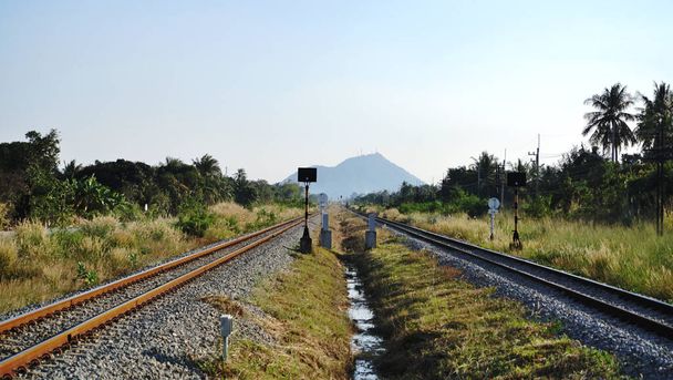 CHONBURI, THAILAND - 8 DEC : Railway with high angle view on 8 December 2021 in Sriracha, Chonburi, Thailand - 写真・画像