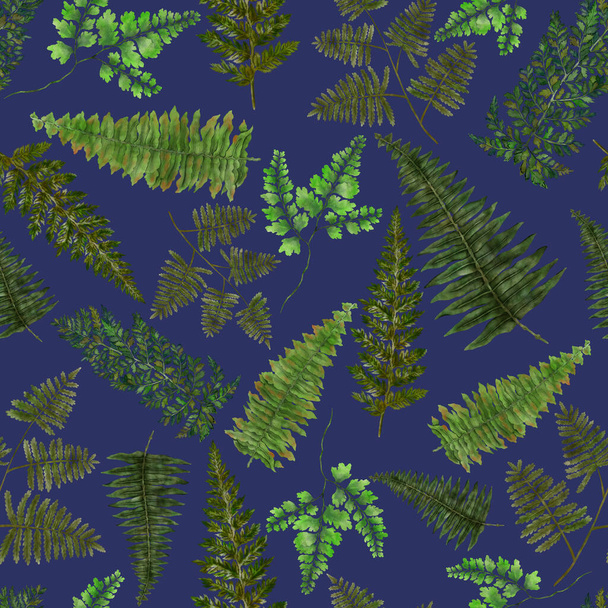 Aquarell nahtloses Muster mit Farnblättern. Laubschmuck. Vintage botanische exotische Illustration Tapete. - Foto, Bild